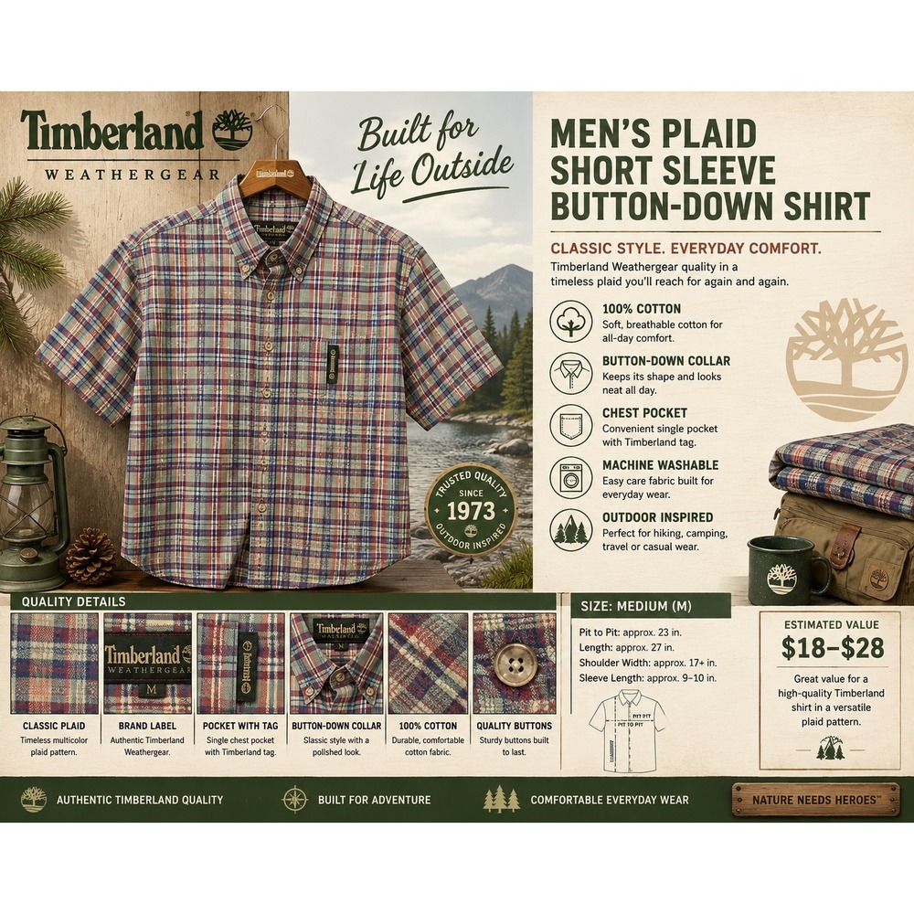 Timberland Weathergear Men's Medium Short Sleeve Button-Down Shirt 100% Cotton